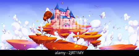 Rosa magische Burg auf schwimmende Insel in blauem Himmel mit flauschigen Wolken. Fantasy Herbstlandschaft mit königlichem Palast und fliegenden Bodenstücken mit hellem t Stock Vektor