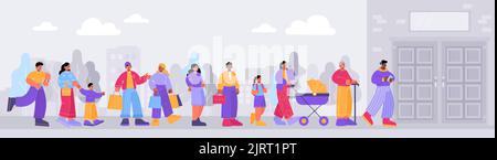 Menschen stehen in der Schlange, um in einem Geschäft, einem Büro, einem Museum oder einem Kino einzuladen. Stadtlandschaft mit verschiedenen Charakteren warten in der langen Reihe o Stock Vektor