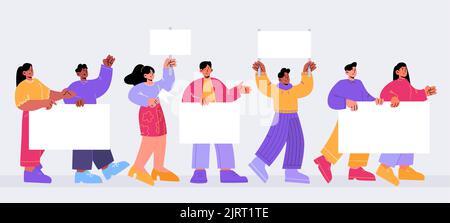 Kundgebung, Protestkonzept, Menschen mit Plakaten und Spruchbändern auf Kundgebungsdemonstration oder Streik. Aktivisten mit Schildern, die für ihre Rechte kämpfen, drängen pi Stock Vektor