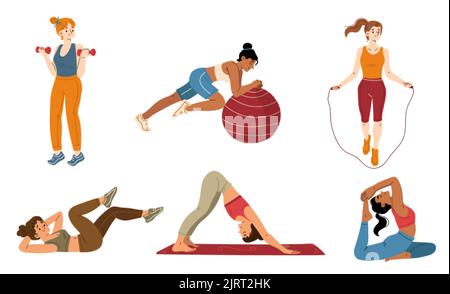 Junge Frauen trainieren, flaches Illustrationsset. Aktive weibliche Charaktere tun Hantel, Fitball, Yoga, Stretching Sport Training, springen Überspringen Rop Stock Vektor