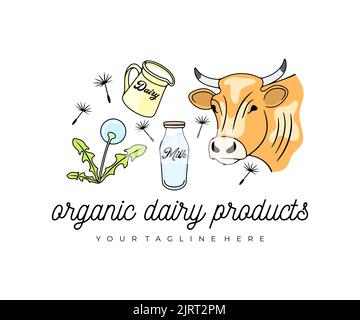 Kuh, Milchkännchen, Milchglasflasche, Melone, Melone oder Samen, Logo-Design. Tiere, Haustiere, Milchviehbetriebe, Rinder, Pflanzen und Feldkräuter Stock Vektor