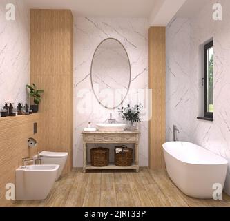 Badezimmer in hellen Farben aus weißem Marmor mit Toilette und Bidet, Spiegel, Einrichtung, Holzfußboden und -Futter. 3D Rendern Stockfoto