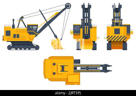 Isometrische Dragline-Bagger. Schwere Maschinen, die im Tiefbau und im Bergbau eingesetzt werden. Ansicht vorne, hinten, seitlich und oben. Ausrüstung für den High-Mining Stock Vektor