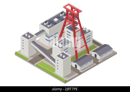 Isometrischer Bau im Untertage- und Tagebau. Fabriken oder Industrieanlagen, Schwerindustrie. Ausrüstung für die Bergbauindustrie Stock Vektor