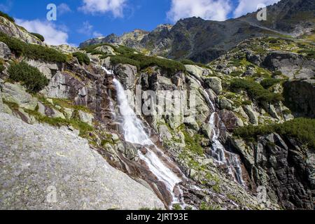 Die schöne Aussicht auf den Bergwasserfall Skok (Vodopad Skok, Vysoke Tatry), in der Hohen Tatra in der Slowakei. Majestätischer Wasserfall in Natural Landscap Stockfoto