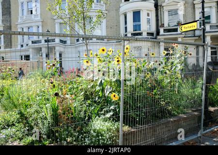 London, Großbritannien. 26. Aug. 2022. Hohe Sicherheit durch wohlhabende Besitzer von Häusern mit verkleideten Gebäuden und Graffiti vor dem Notting Hill, während sich die Gegend nach zwei Jahren auf den Karneval vorbereitet. Kredit: Matthew Chattle/Alamy Live News Stockfoto