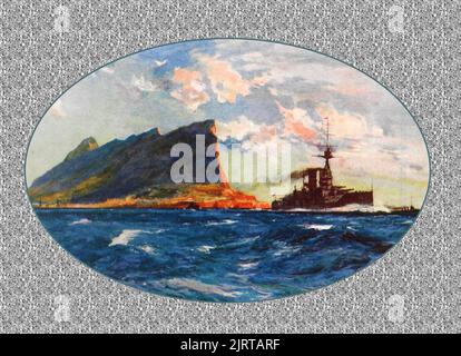 Eine alte britische Illustration des Queen Elizabeth Kriegsschiffs vor Gibraltar Stockfoto