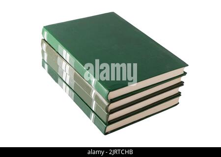 Stapel alter Bücher auf weißem Hintergrund isoliert. Bücherregal. Das Buch ist in einem Stoffbezug. Vintage-Bindung. Stockfoto