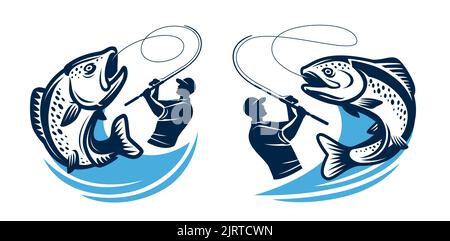 Angellogo oder -Abzeichen. Fischer fängt große Fische auf der Spinnrute. Das Symbol für das Angeln ist isoliert. Vektorgrafik Stock Vektor