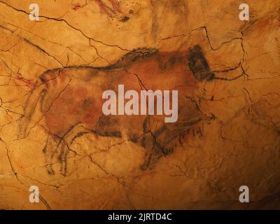 Polychrome Magdalenische Bisons in Altamira Höhle in der Nähe der europäischen Santillana del Mar Stadt in der Provinz Kantabrien in Spanien im Jahr 2019 am September. Stockfoto