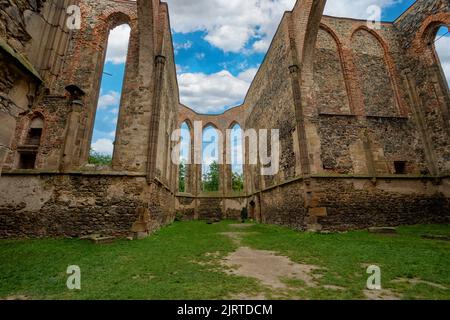 Das Rosa-Coeli-Kloster. Alte katholische Ruine des Klosters in der Nähe der Stadt Dolni Kounice. Religion Gotischer Ort mit spiritueller Geschichte aus Stein gebaut. Stockfoto