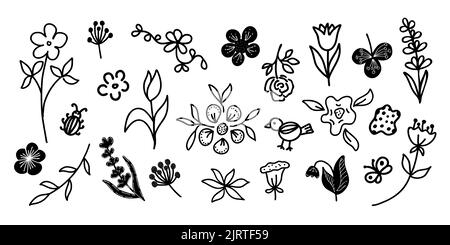 Ein großes Set mit verschiedenen Blumen und Zweigen. Clip-Art im Doodle-Stil. Vektor-Design für Aufkleber und Tattoos Stock Vektor