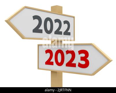 Straßenschild mit 2022-2023 Änderung auf weißem Hintergrund stellt die neue 2023 Jahr, dreidimensionale Darstellung, 3D Abbildung Stockfoto