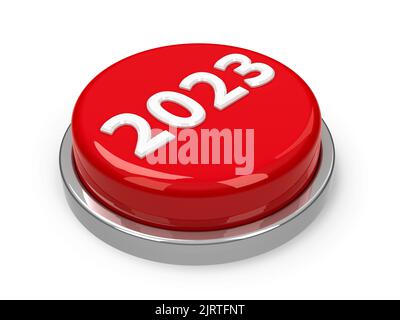 Rote 2023-Taste isoliert auf weißem Hintergrund stellt das neue Jahr 2023, dreidimensionale Darstellung, 3D Abbildung Stockfoto