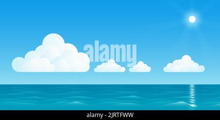 Vektor-Illustration einer warmen Seestücke mit weißen Wolken und der hellen Sonne mit Strahlen. Stock Vektor