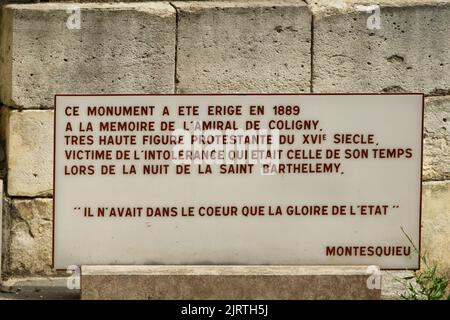 Denkmal von Gaspard de Coligny, das während des Massakers von Saint Bartholomew 1572 von Gustave Crauk (1889) ermordet wurde - Oratorientempel, rue de Rivoli -Paris Stockfoto