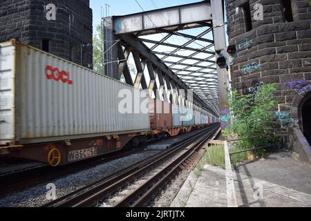 Güterzug, der über die alte Eisenbahnbrücke bei Urmitz und Engers fährt Stockfoto