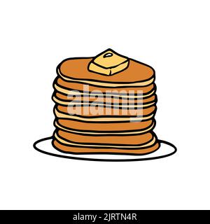 Niedliche handgezeichnete Pfannkuchen auf einem Teller. Farbbild von Pfannkuchen in flachem Design. Dessertabzeichen. Vektorgrafik. Stock Vektor
