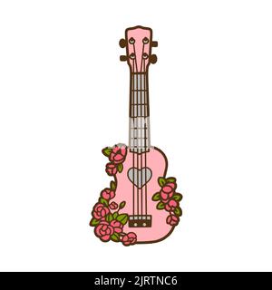 Niedliche handgezeichnete Gitarre mit Blumen. Farbbild der Gitarre in flachem Design. Gitarrenabzeichen. Vektorgrafik. Stock Vektor