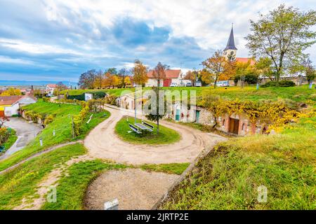 Traditioneller historischer Weinkeller im Dorf Vrbice, Region Südmähren - Tschechische Republik. Kleine Weinhäuser mit Pflanzen über dem Dach, in der gro gebaut Stockfoto