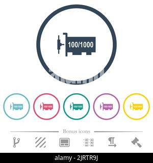 Flache Farbsymbole für Gigabit-ethernet-Netzwerk-Controller in runden Umrissen. 6 Bonus-Symbole enthalten. Stock Vektor