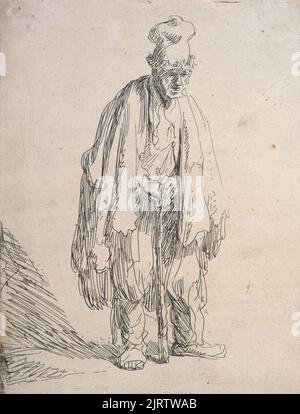 Bettler in hoher Mütze, stehend und auf einem Stock gelehnt., um 1629, Niederlande, von Rembrandt van Rijn. Geschenk von Sir John Ilott, 1961. Stockfoto