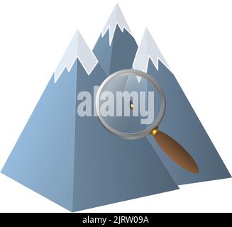 Ein Vektordesign eines Cartoon-Pinguins in geometrischen Bergen durch die Lupe Stock Vektor