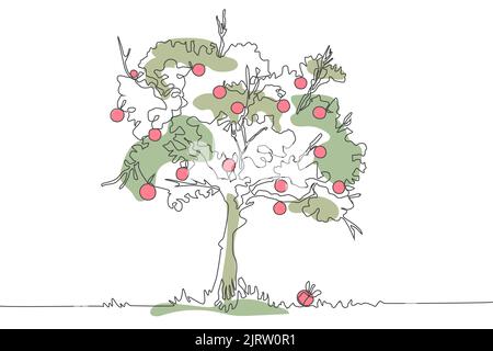 waldgartenbaum. Handgezeichnetes Symbol kontinuierliche Linienzeichnung und grüne flache Silhouette. Ökologische trendige grafisches Konzept ein einzeiliges Design Stock Vektor