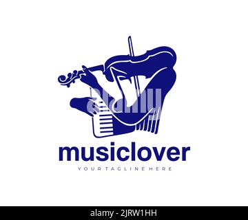 Musik, Noten, Akkordeon und Violine spielen, Logo-Design. Musikinstrumente, Lieder, Melodie, Orchester und Konzert, Vektorgrafik und Illustration Stock Vektor