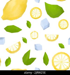 Zitrone, Minzblätter und Eiswürfel als erfrischende Zutaten für Sommergetränke. Nahtlose Musterdarstellung mit strukturierter Wirkung. Kalte, eisige, gesunde hausgemachte Limonade. Stockfoto