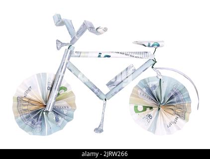 Elektrisches Fahrrad aus Banknoten, isoliert Stockfoto