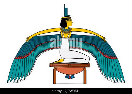 ISIS, geflügelte Göttin in der alten ägyptischen Religion, mit Thronhieroglyphe auf ihrem Kopf. In Osie Mythos und Kult lässt sie ihren Mann Osie auferstehen. Stockfoto