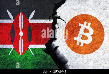 Bitcoin und Kenya Flagge an einer Wand mit einem Riss. Kenia Bitcoin verboten, nicht legal, Bergbau, illegal, Blockchain-Technologie für Krypto Währung Konzept Stockfoto