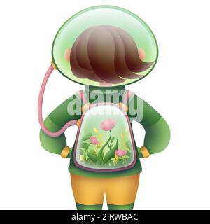 Frau in einem Raumanzug mit einem Rucksack von Pflanzen atmet frische Luft. Digitale Illustration. Stockfoto