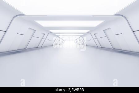 Leerer weißer Tunnel mit futuristischem Stil, 3D Rendering. Digitale Zeichnung des Computers. Stockfoto