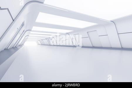 Leerer weißer Tunnel mit futuristischem Stil, 3D Rendering. Digitale Zeichnung des Computers. Stockfoto