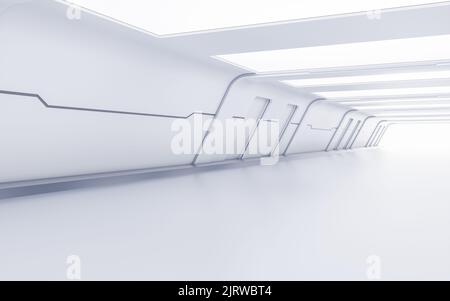 Leerer weißer Tunnel mit futuristischem Stil, 3D Rendering. Digitale Zeichnung des Computers. Stockfoto