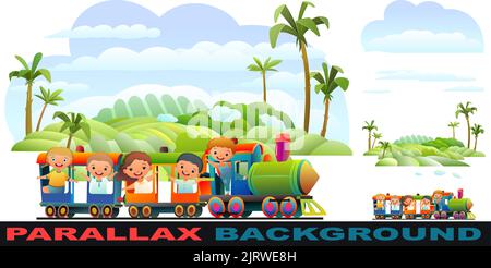 Lokomotive fährt auf der Eisenbahn. Legt den Parallaxeneffekt fest. Lustige Kinder. Bunte Wagen. Tropische Landschaft mit Palmen. Illustration im Cartoon-Stil. Cu Stock Vektor