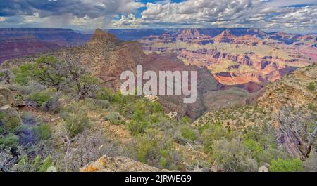 Coronado Butte von den Klippen mit Blick auf den New Hance Trail am Grand Canyon Arizona. Stockfoto