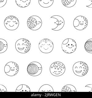Schwarz-weiß nahtlose Muster mit Doodle Umriss glücklichen Mond Symbole. Stock Vektor