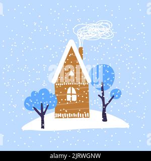 Niedliche Illustration mit kleinem Doodle-Haus, Bäumen und Schnee im skandinavischen Stil. Stock Vektor