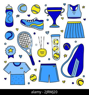 Set von kritzelfarbenen großen Tennis-und Sportartikel, Ausrüstung, Kleidung auf weißem Hintergrund isoliert. Stock Vektor
