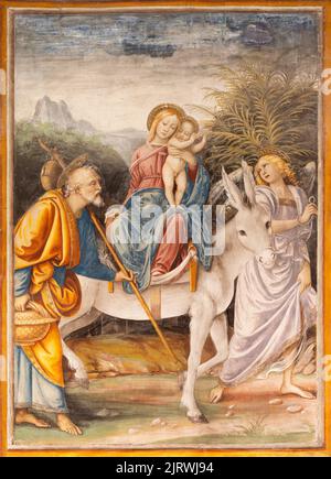 VARALLO, ITALIEN - 17. JULI 2022: Das Renaissance-Fresko der Flucht nach Ägypten in der Kirche Chiesa Santa Maria delle Grazie von Gaudenzio Ferrari (1513). Stockfoto
