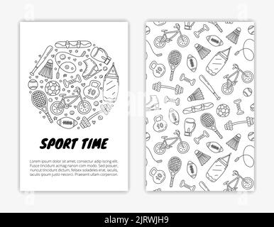 Kartenvorlagen mit Doodle skizzieren Sportartikel, Ausrüstung. Verwendete Begrenzungsmaske. Stock Vektor