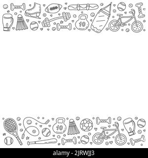 Poster mit Doodle skizzieren Sportartikel, Ausrüstung auf weißem Hintergrund. Stock Vektor
