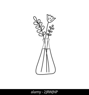 Doodle skizzieren Bouquet von wilden Blumen in Glasvase isoliert auf weißem Hintergrund. Stock Vektor