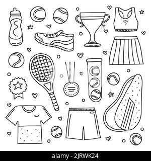 Set von Doodle skizzieren große Tennis-und Sportartikel, Ausrüstung, Kleidung isoliert auf weißem Hintergrund. Stock Vektor