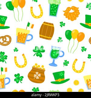 Weißes nahtloses Muster mit kritzelfarbenen Gegenständen für die Feier des St. patrick. Stock Vektor