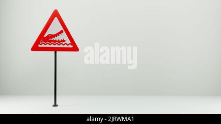 Straßenschild sorgfältige Krokodile, 3D Zeichen isoliert auf weißem Hintergrund, Kopierraum. 3D Arbeit und 3D Illustration Stockfoto