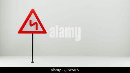 Straßenschild gefährliche Kurven, 3D Zeichen isoliert auf weißem Hintergrund, Platz kopieren. 3D Arbeit und 3D Illustration Stockfoto